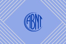 Banner com fundo azul detalhes em linhas azul escuro, ao centro a sigla ABNT