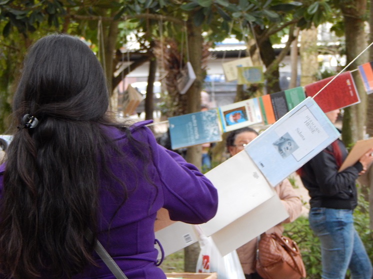 a imagem mostra uma mulher perto de um varal de livros na praça tamandaré